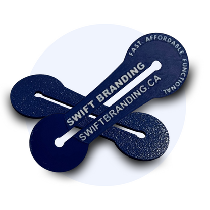 Custom shopping cart key in navy blue, featuring 'Swift Branding' logo, lightweight and durable promotional item.